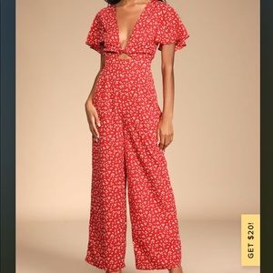 NWT! Lulus Red Floral Jumpsuit with Cutout